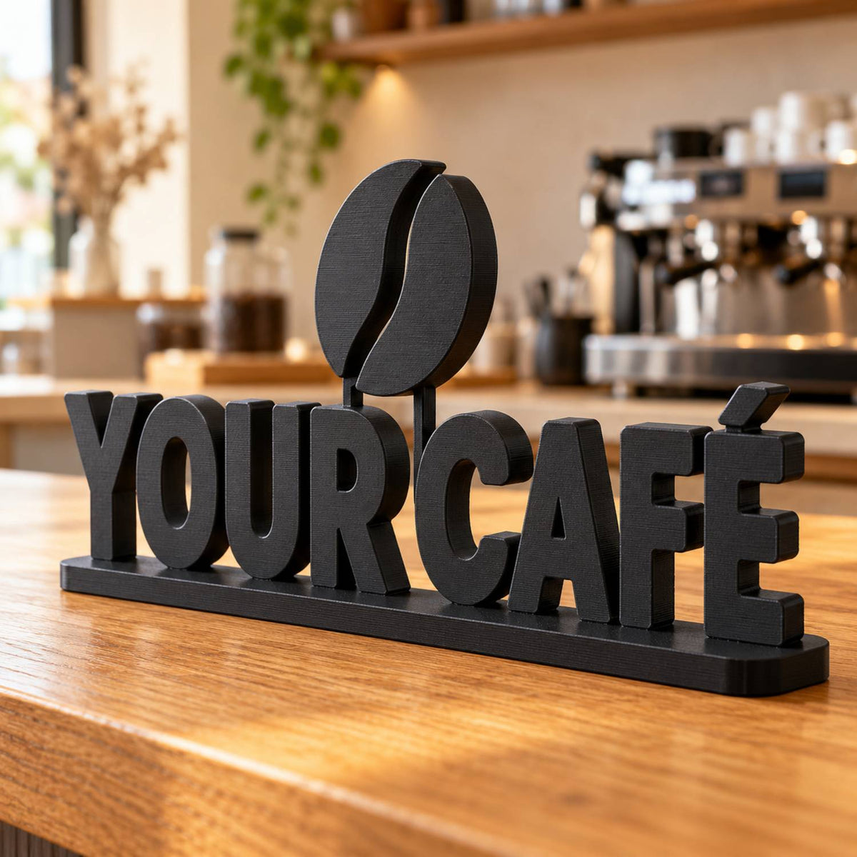 Black 3D printed freestanding café logo sign with coffee bean, displayed on a wooden café counter