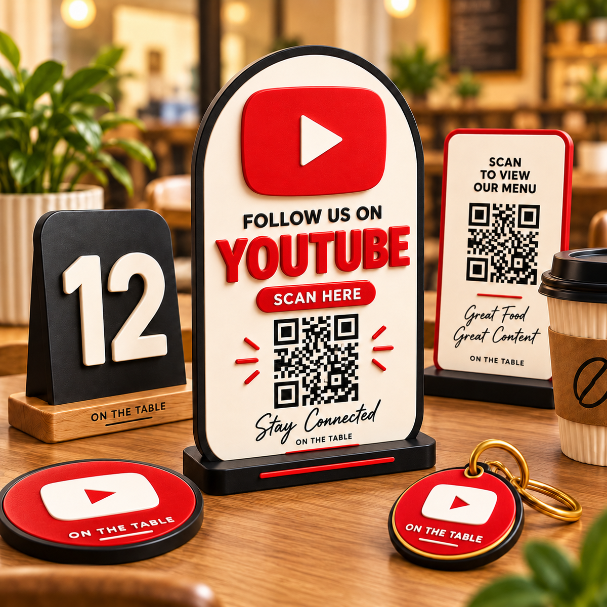 3D-printed YouTube QR code social card for cafés