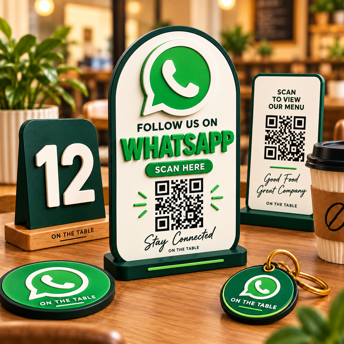 3D-printed WhatsApp QR code social card for cafés