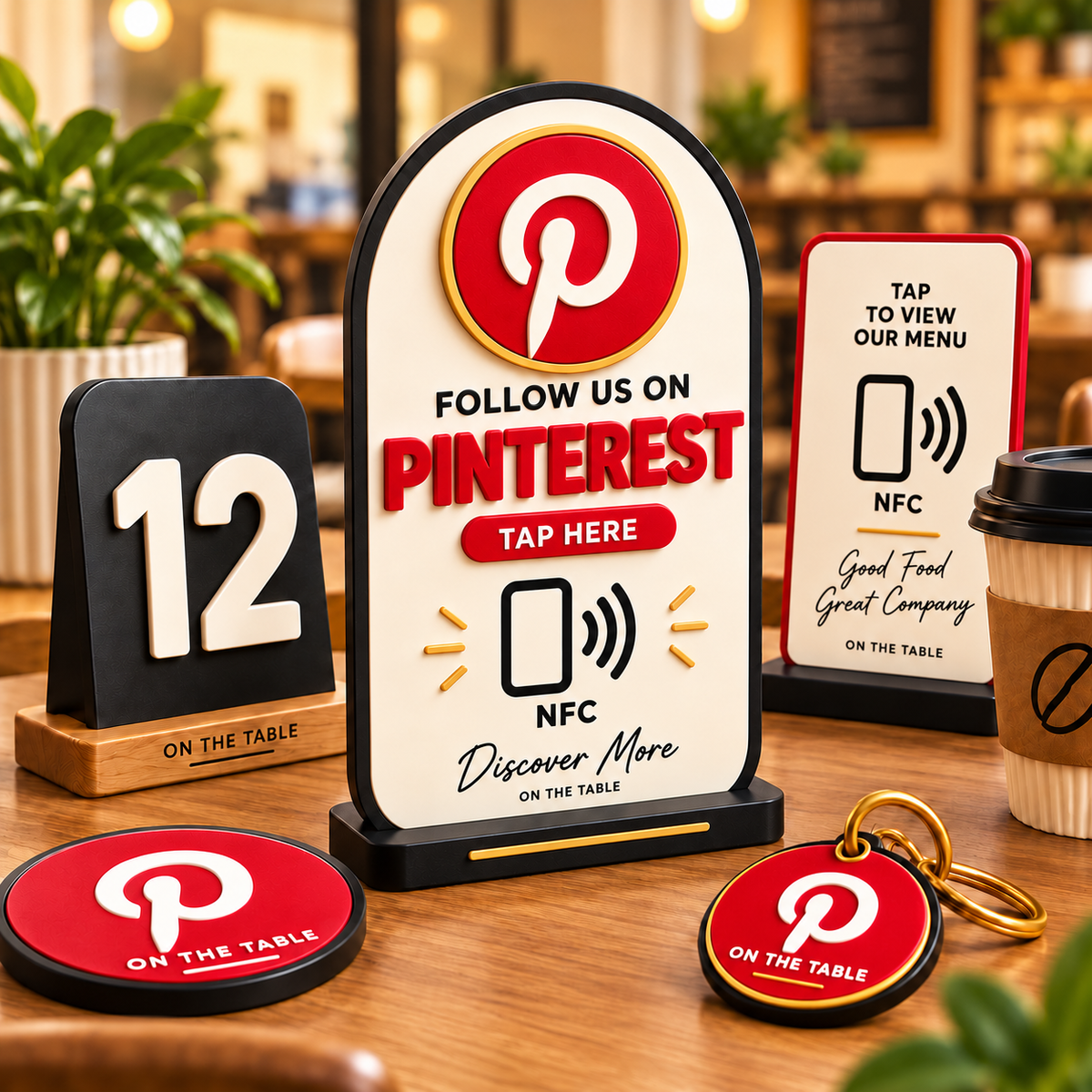 Coffee shop counter set-up with NFC tap signs