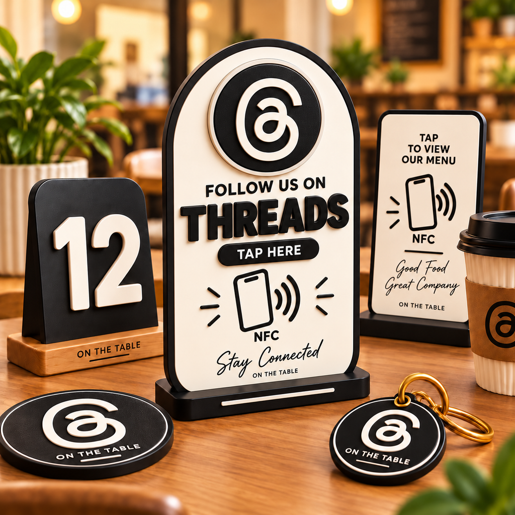 3D-printed NFC social media tap sign on a café table