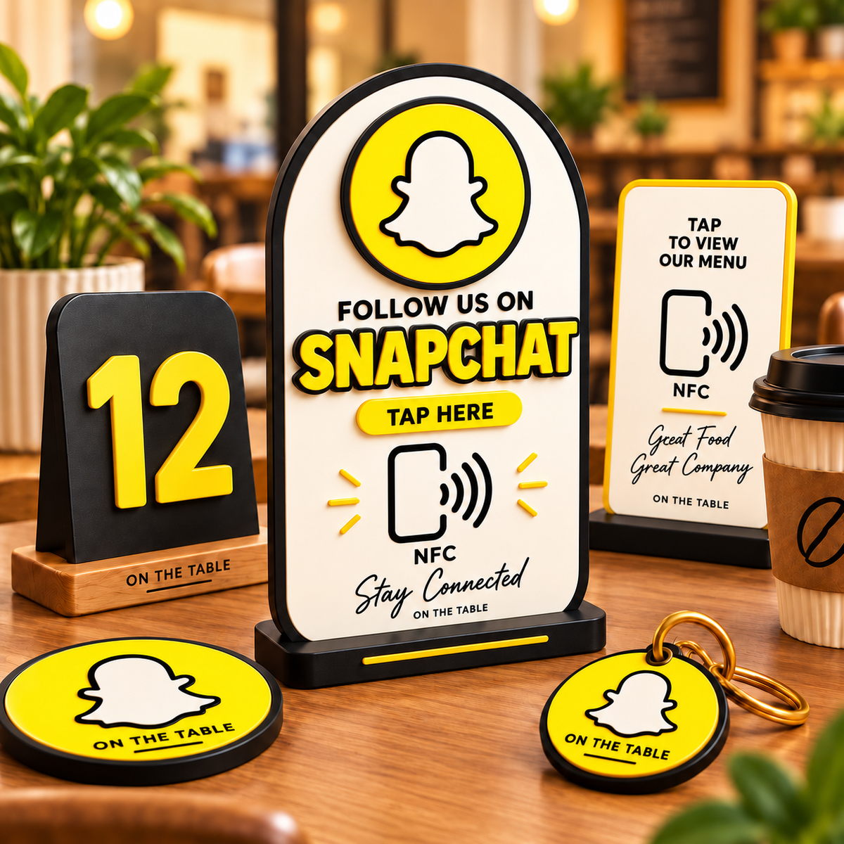 Branded NFC tap sign on a café table