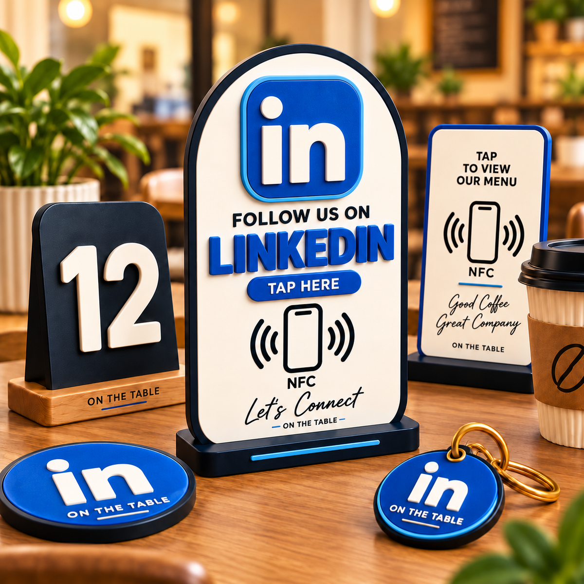 Pair of NFC social media tap signs on a café table