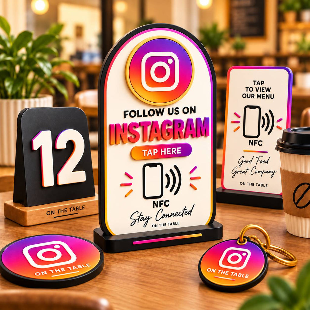 NFC social media tap sign on a coffee stand