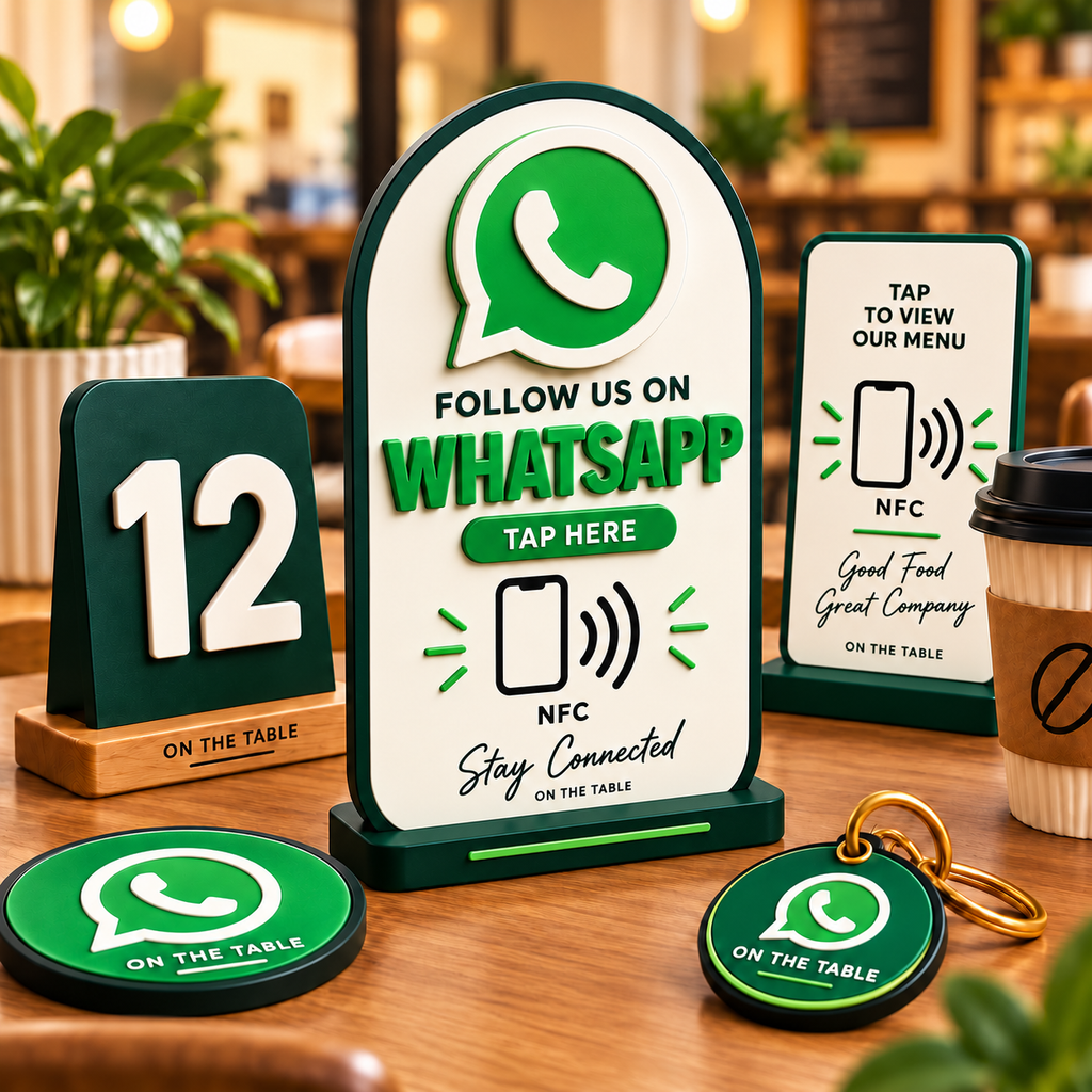 NFC social tap sign on a café table, close-up