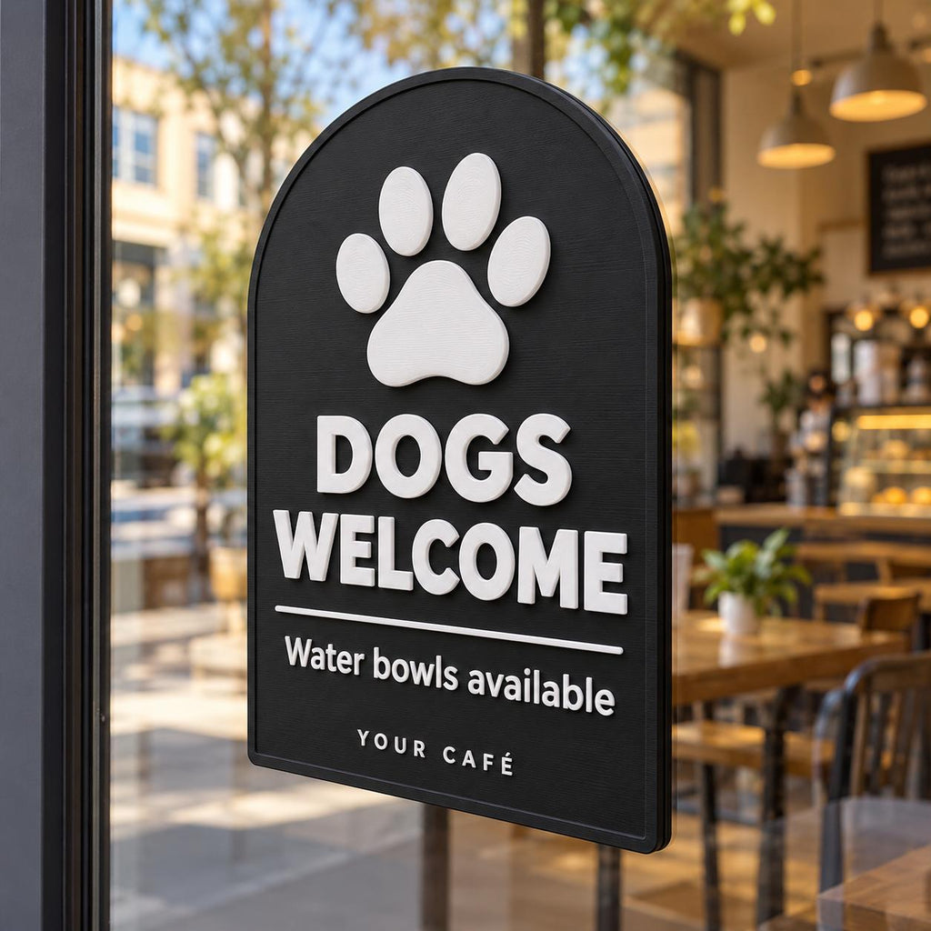 Black 3D printed Dogs Welcome sign with paw print, displayed in a café window