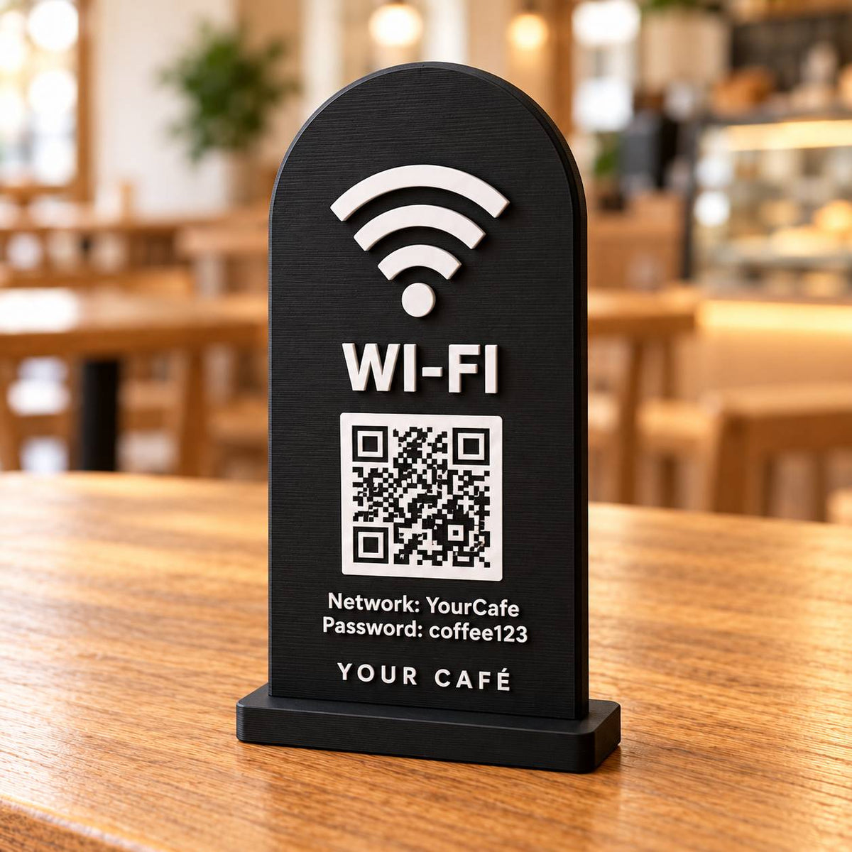 Black 3D printed café Wi-Fi sign with QR code and network details on a wooden table