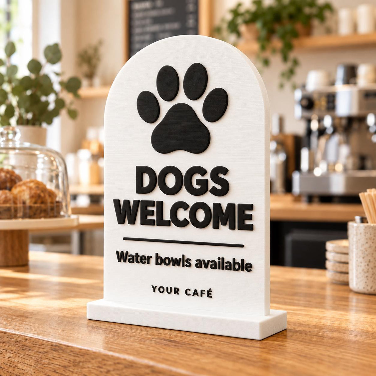 White freestanding Dogs Welcome café sign with paw print on a coffee shop counter