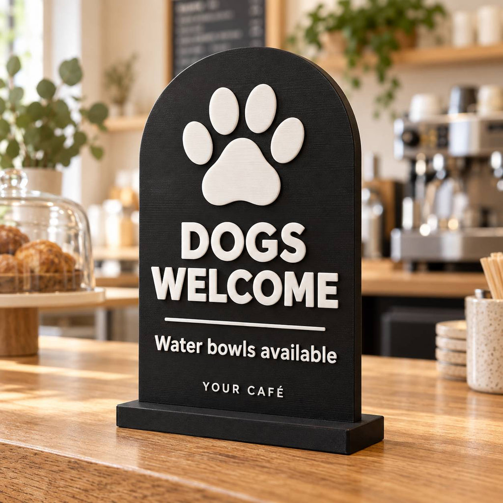 Black freestanding Dogs Welcome café sign with paw print on a coffee shop counter