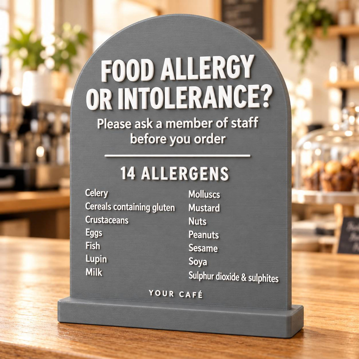 Grey 3D printed allergen sign listing the 14 allergens, standing on a café counter