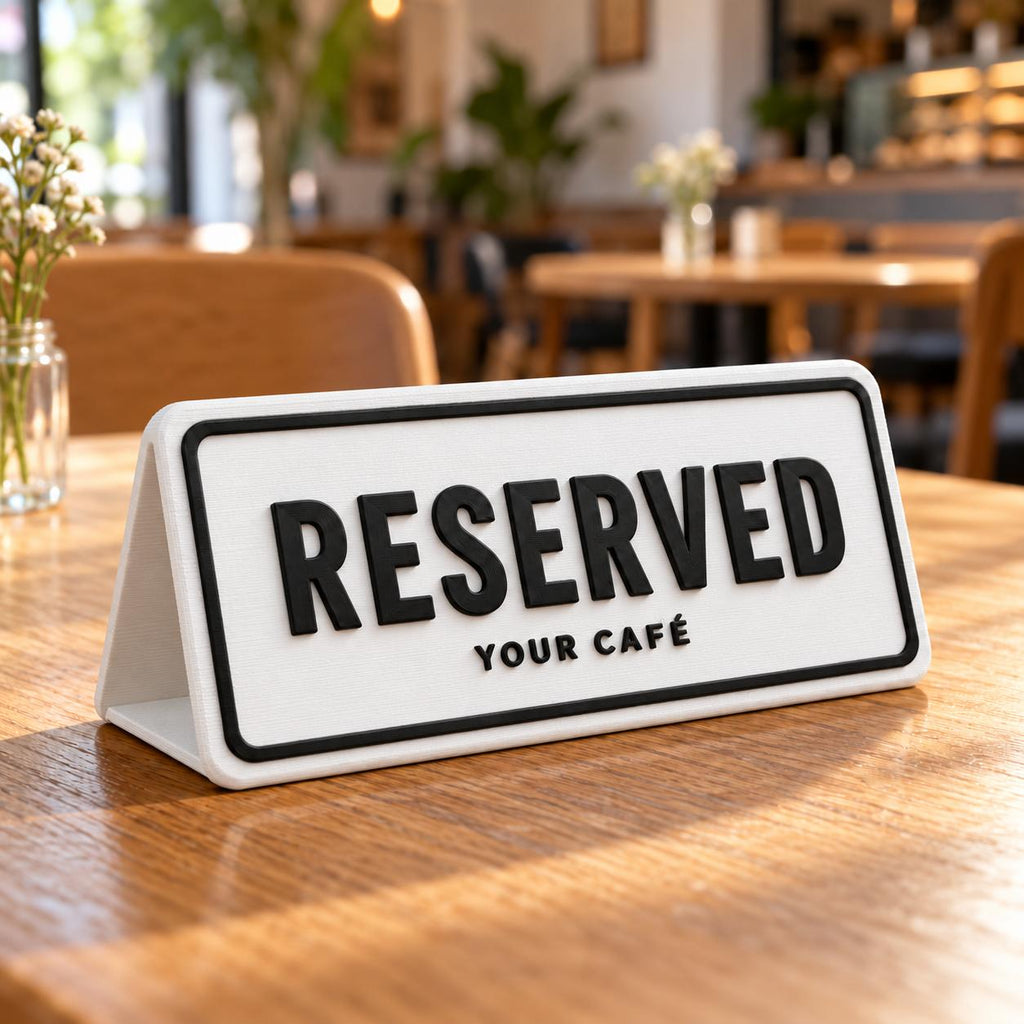 White 3D printed Reserved table sign on a wooden café table