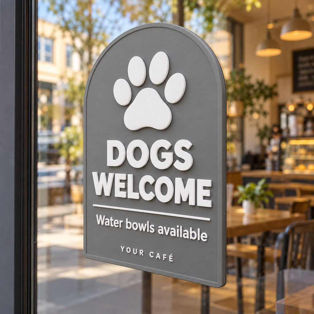 Grey 3D printed Dogs Welcome sign with paw print, displayed in a café window