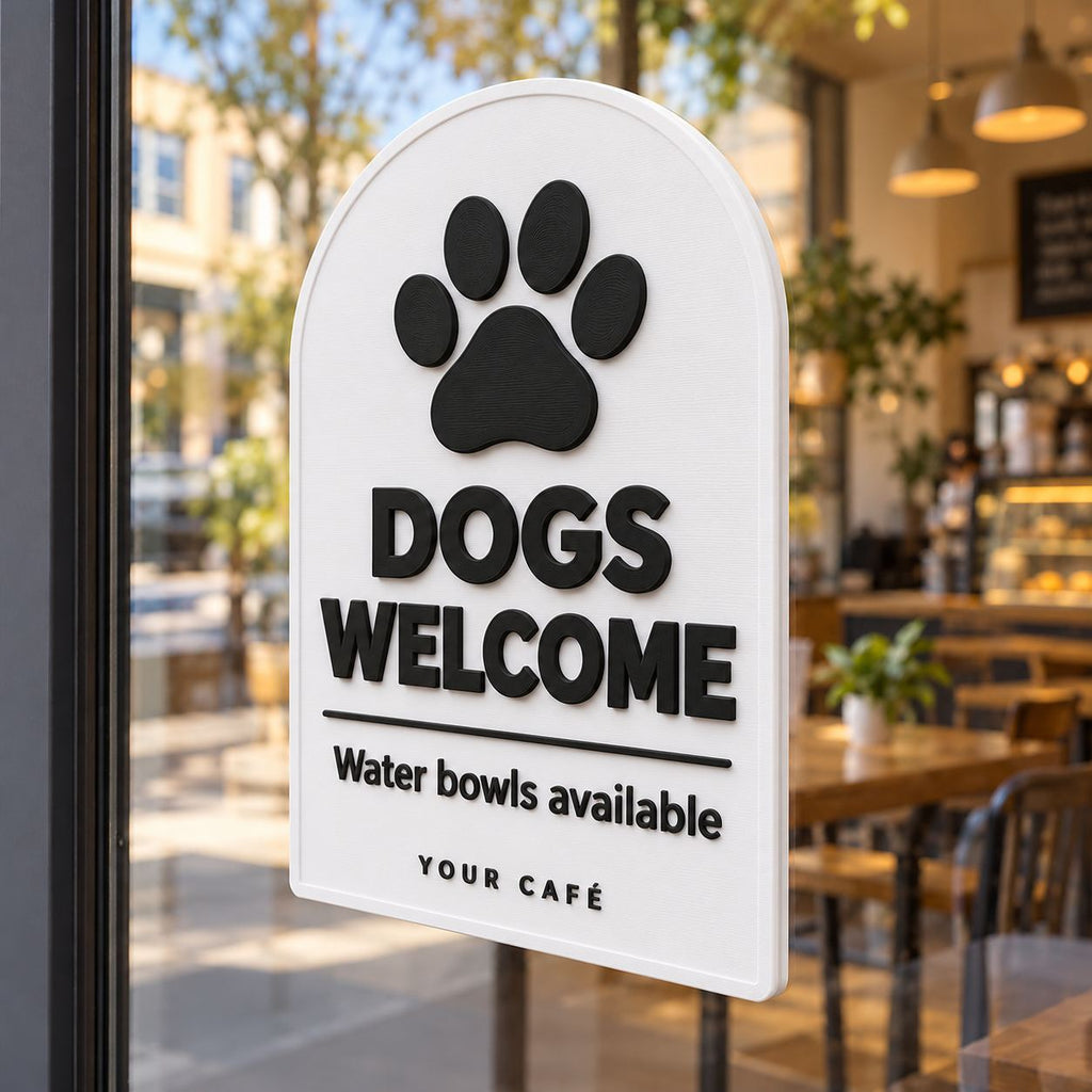 White 3D printed Dogs Welcome sign with paw print, displayed in a café window