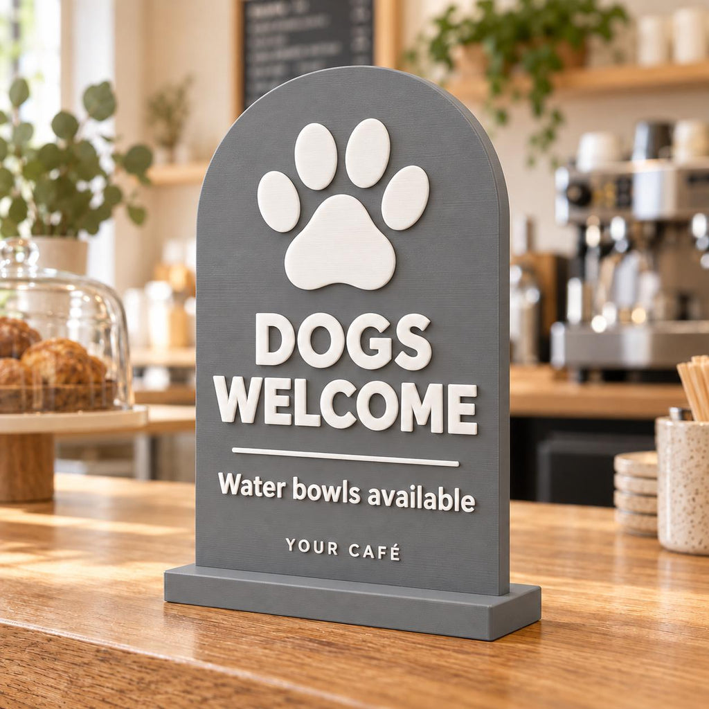 Grey freestanding Dogs Welcome café sign with paw print on a coffee shop counter