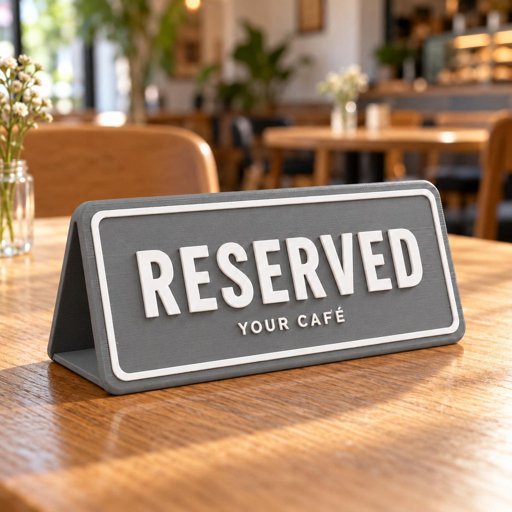 Grey 3D printed Reserved table sign on a wooden café table