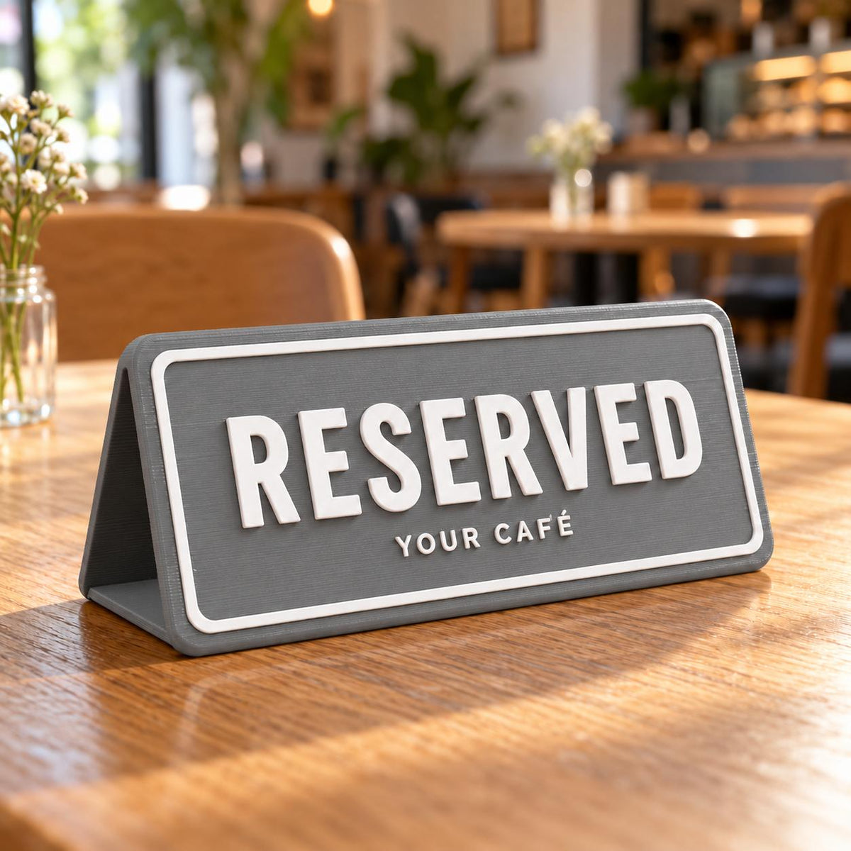 Grey 3D printed Reserved table sign on a wooden café table