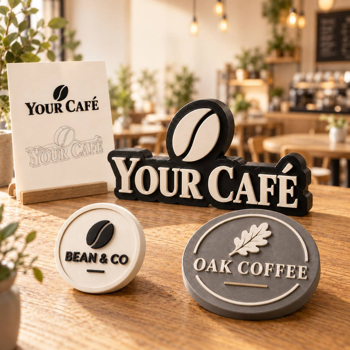 Selection of custom 3D printed café logo signs and plaques on a wooden coffee shop counter